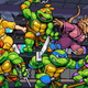 The Teenage Mutant Ninja Turtles along with Splinter and April leap out of a window together.